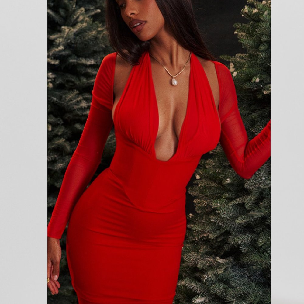 House of CB 'Yasmin' Scarlet Plunge Midi Dress NWOT